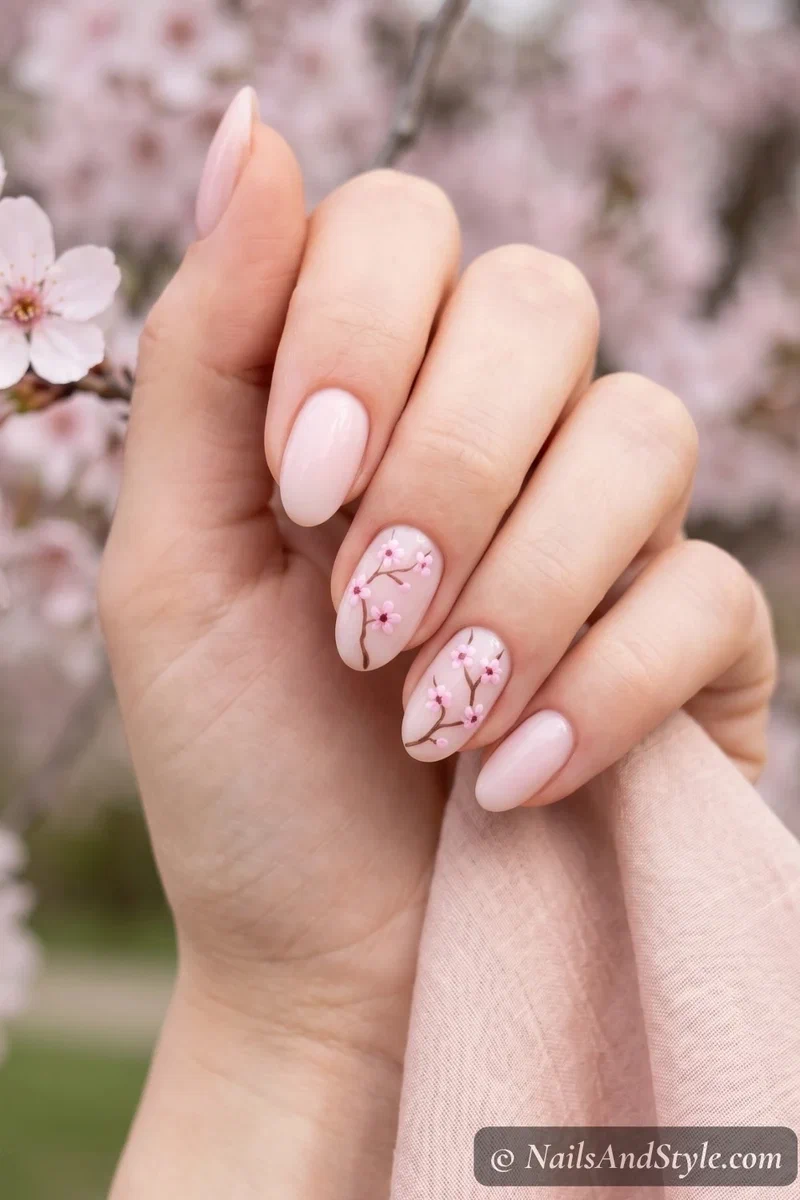Milky pink nails with cherry blossom branch art on accent nail
