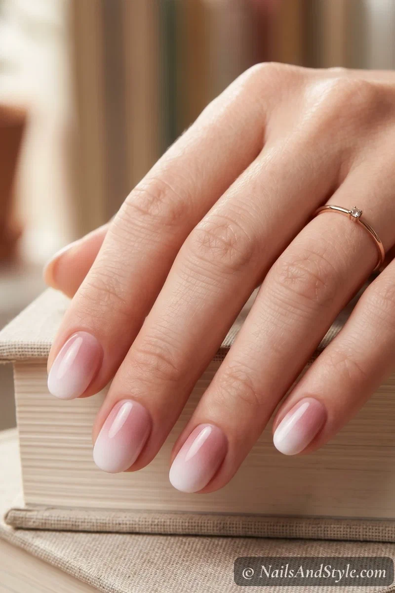 Dusty rose ombre gradient nails fading from white to pink on short oval nails