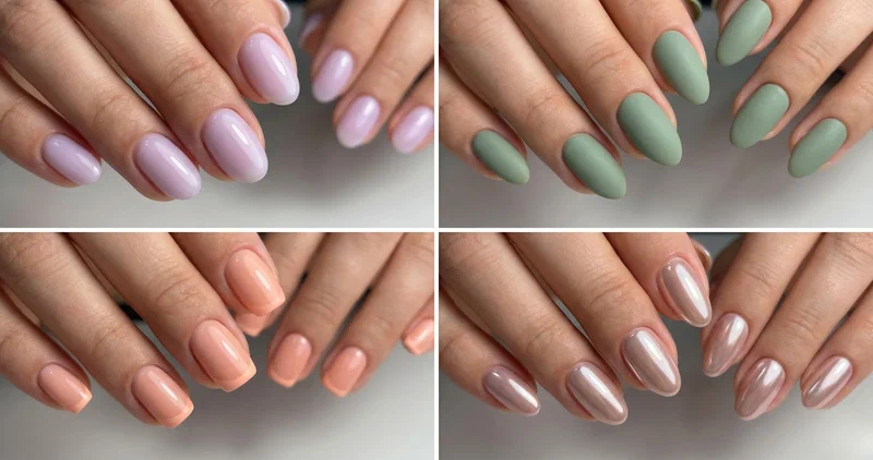 Collage of four cute short spring nail designs including milky lilac gloss, sage green matte, peach micro French tips, and glazed donut chrome