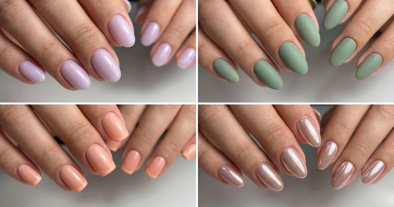 Collage of four cute short spring nail designs including milky lilac gloss, sage green matte, peach micro French tips, and glazed donut chrome