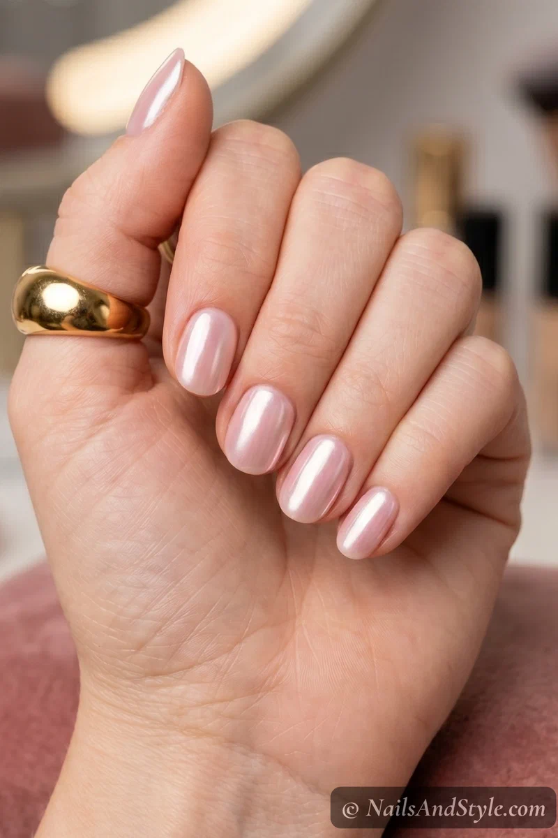 Glazed donut chrome nails with milky pink mirror finish on short almond nails
