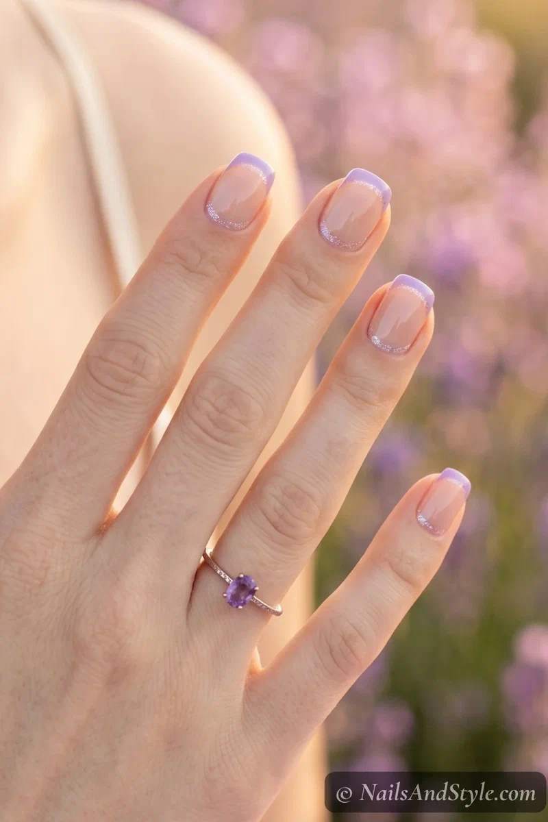 Lavender French tip nails with iridescent shimmer line on short squoval nails
