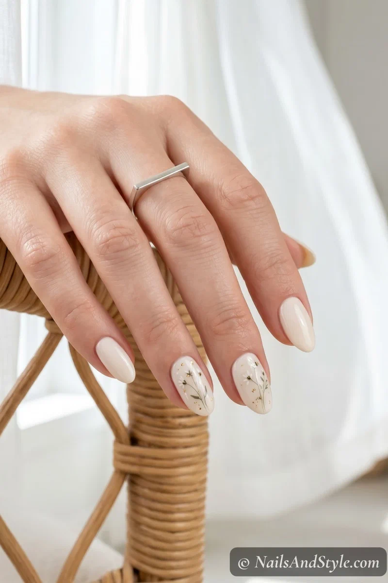 Warm linen white nails on short almond nails with creamy glossy finish