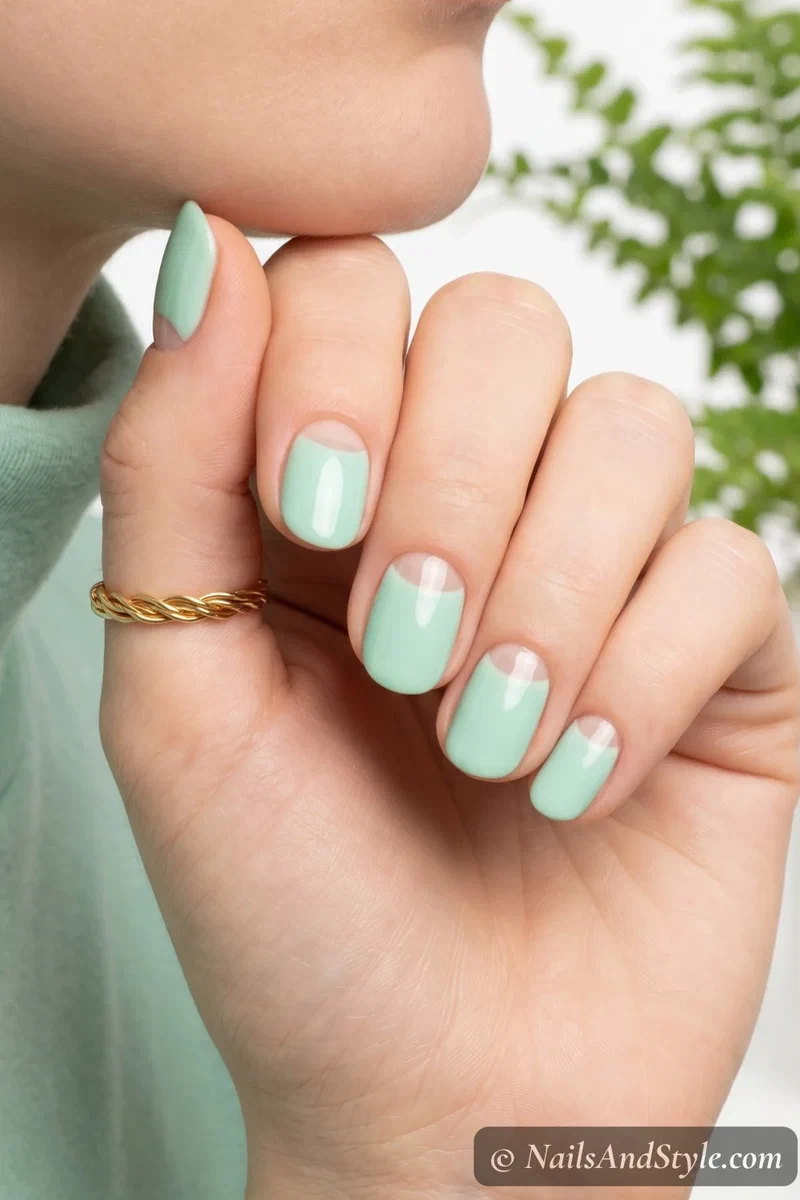 Mint green half-moon nail design with nude crescent on short round nails