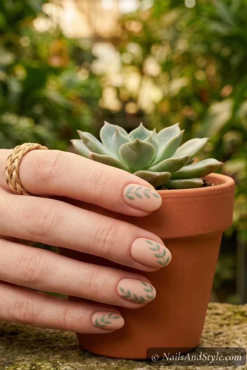 Nude nails with small sage green leaf art details on short oval nails
