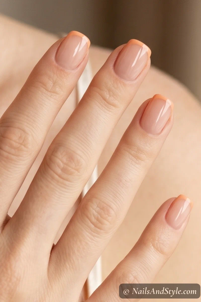 Short squoval nails with thin peach French tips on sheer nude base