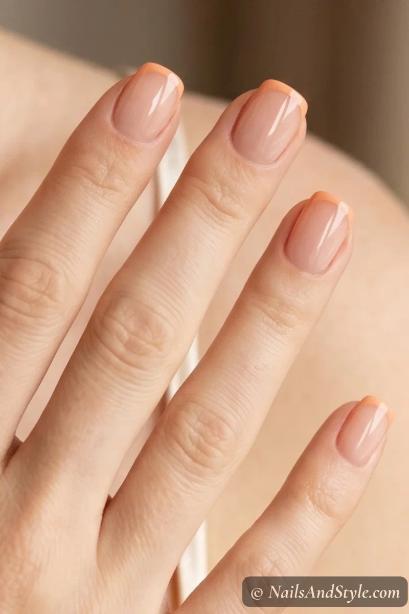 Short squoval nails with thin peach French tips on sheer nude base