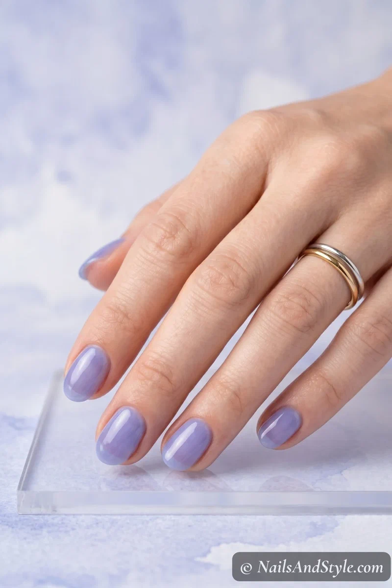 Periwinkle jelly sheer nails with translucent candy finish on short round nails