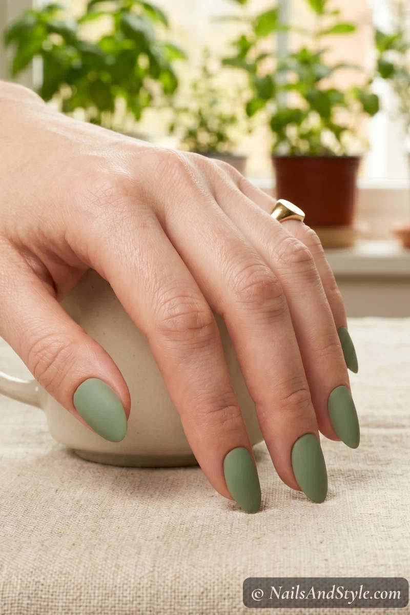 Matte sage green nails on short almond shaped nails