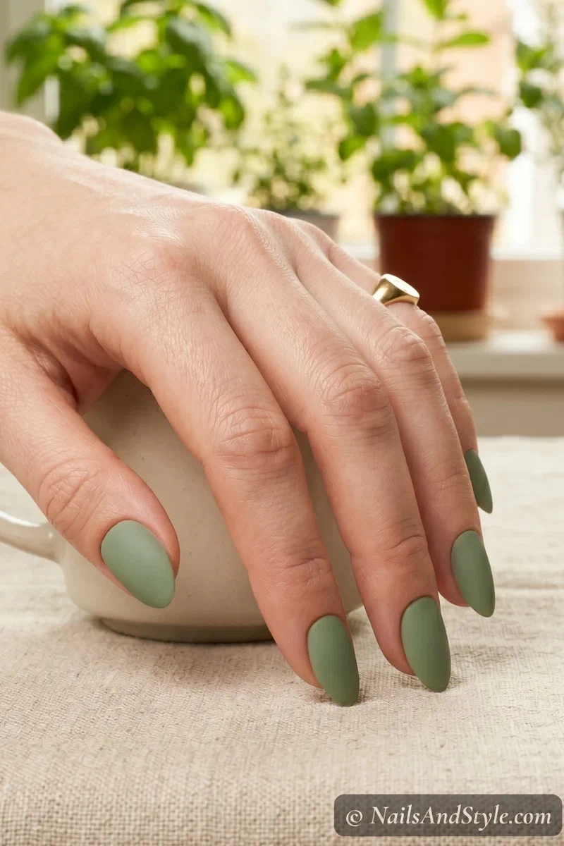 Matte sage green nails on short almond shaped nails