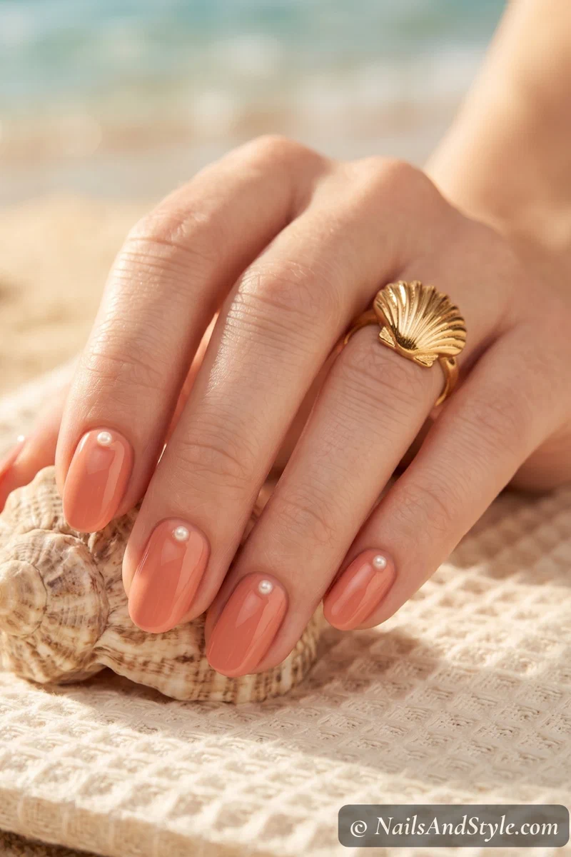 Soft coral nails with single pearl dot near cuticle on short almond nails