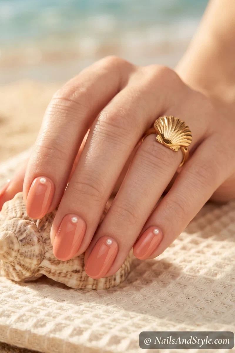 Soft coral nails with single pearl dot near cuticle on short almond nails