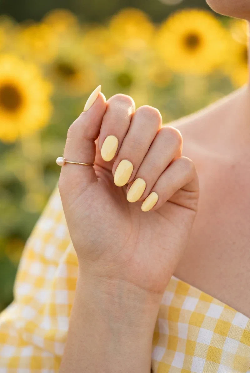 Pale butter yellow nails on short almond shape with glossy finish