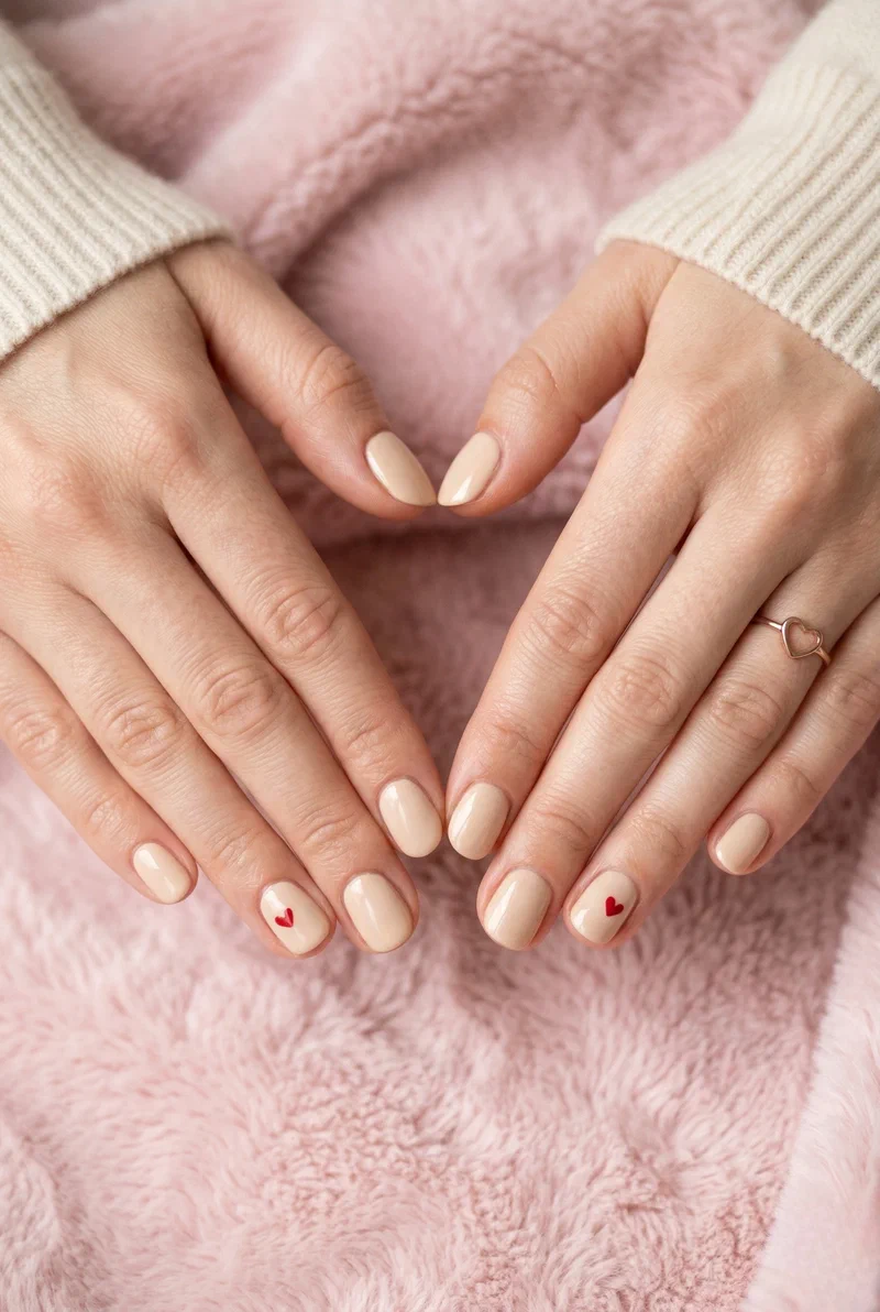 Buttercream beige nails with tiny red heart accents on short round nails