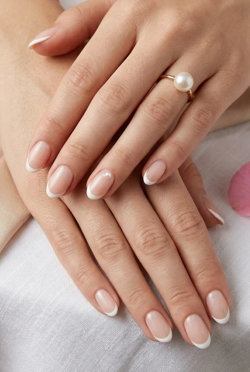 Classic thin white French tip nails with a single pearl accent on short almond nails