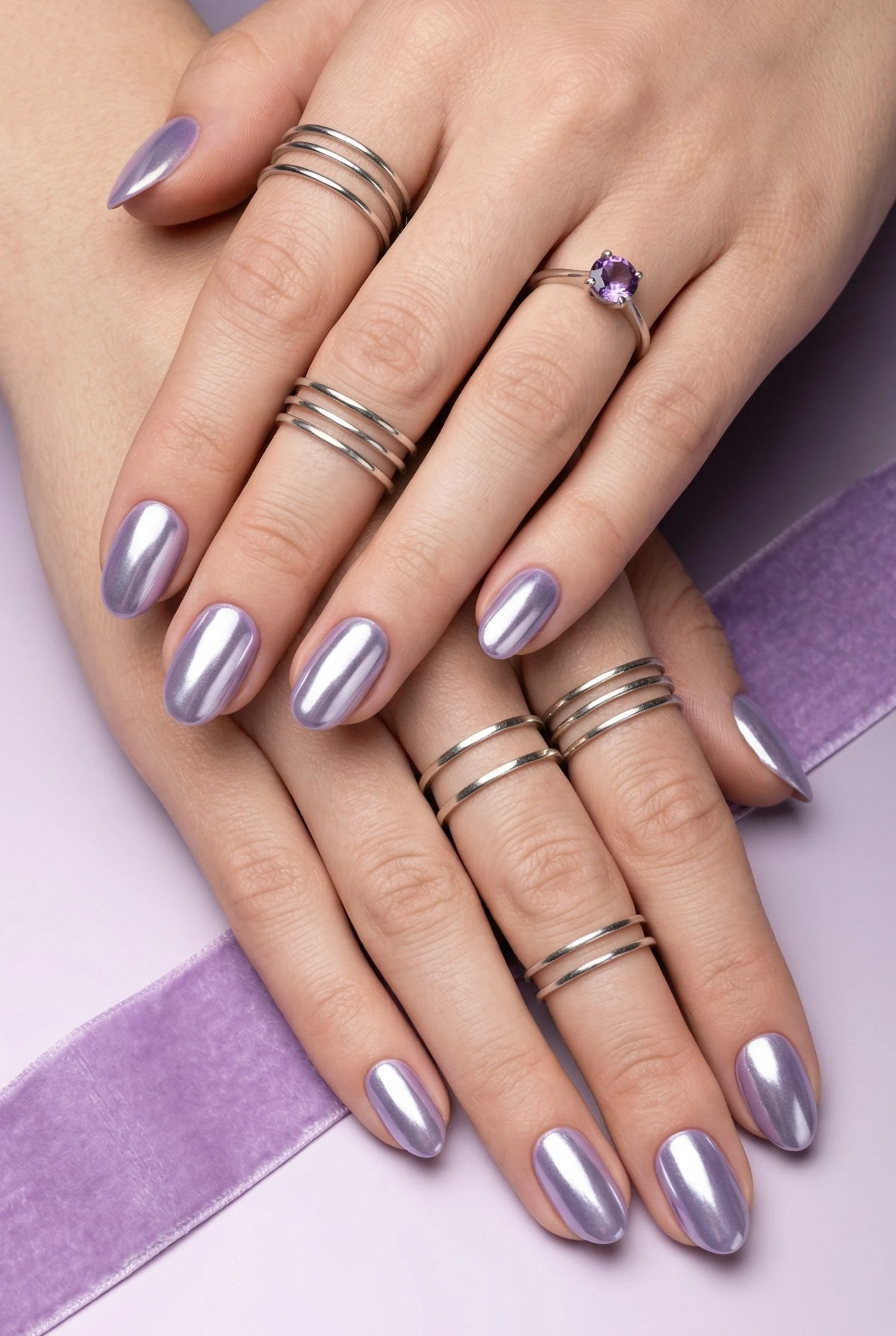 Lavender chrome dust nails