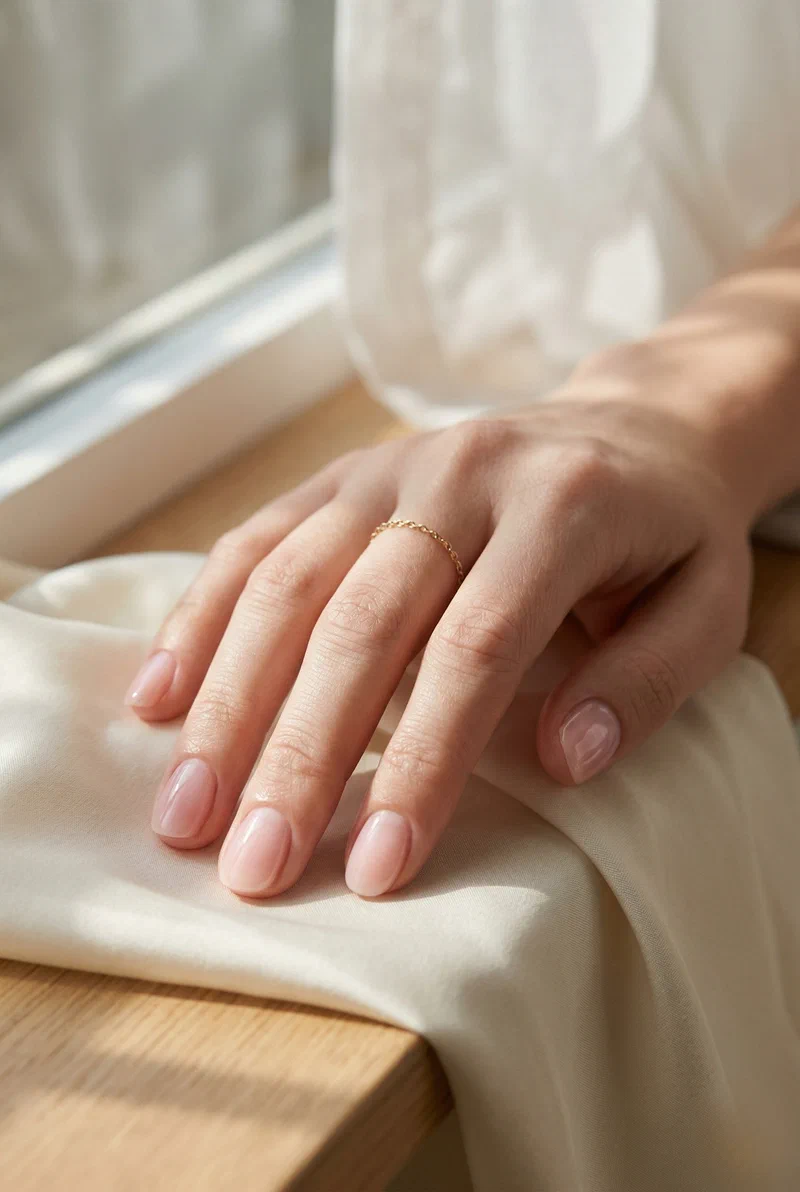 Milky pink glossy nails on short round nails with soft sheer finish