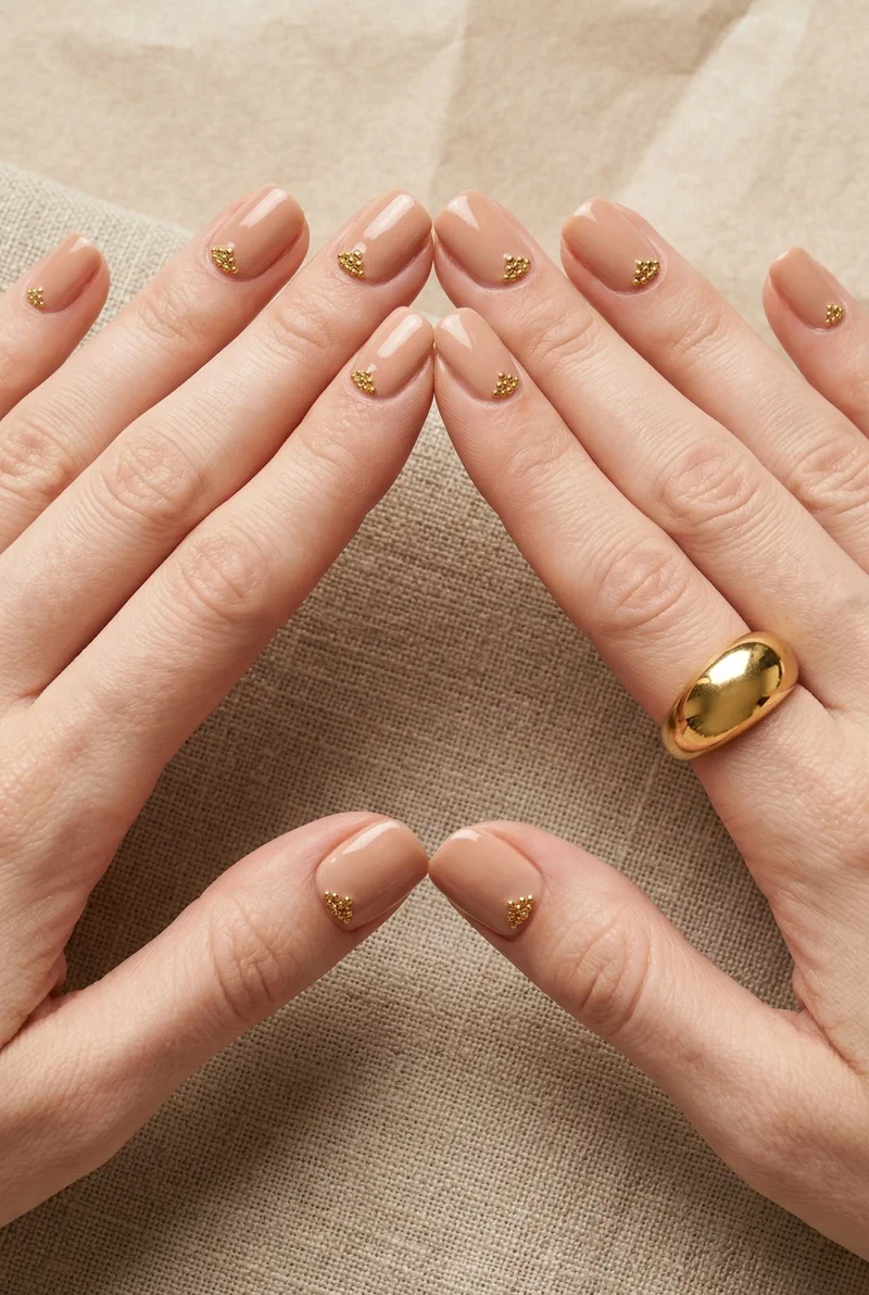 Nude nails with tiny gold micro beads at the cuticle on short squoval nails