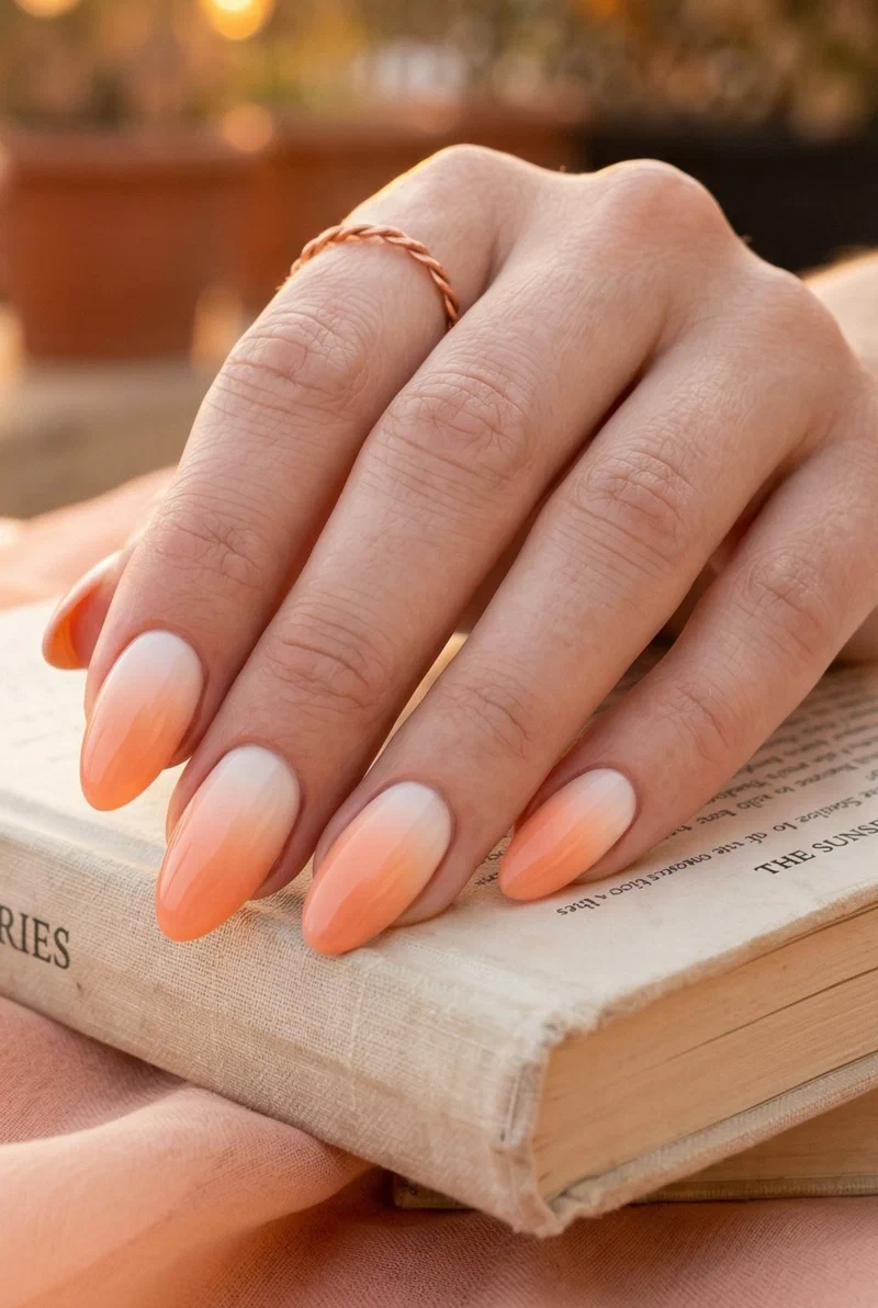 Peach sunset ombre nails with gradient from white to peach on medium almond nails