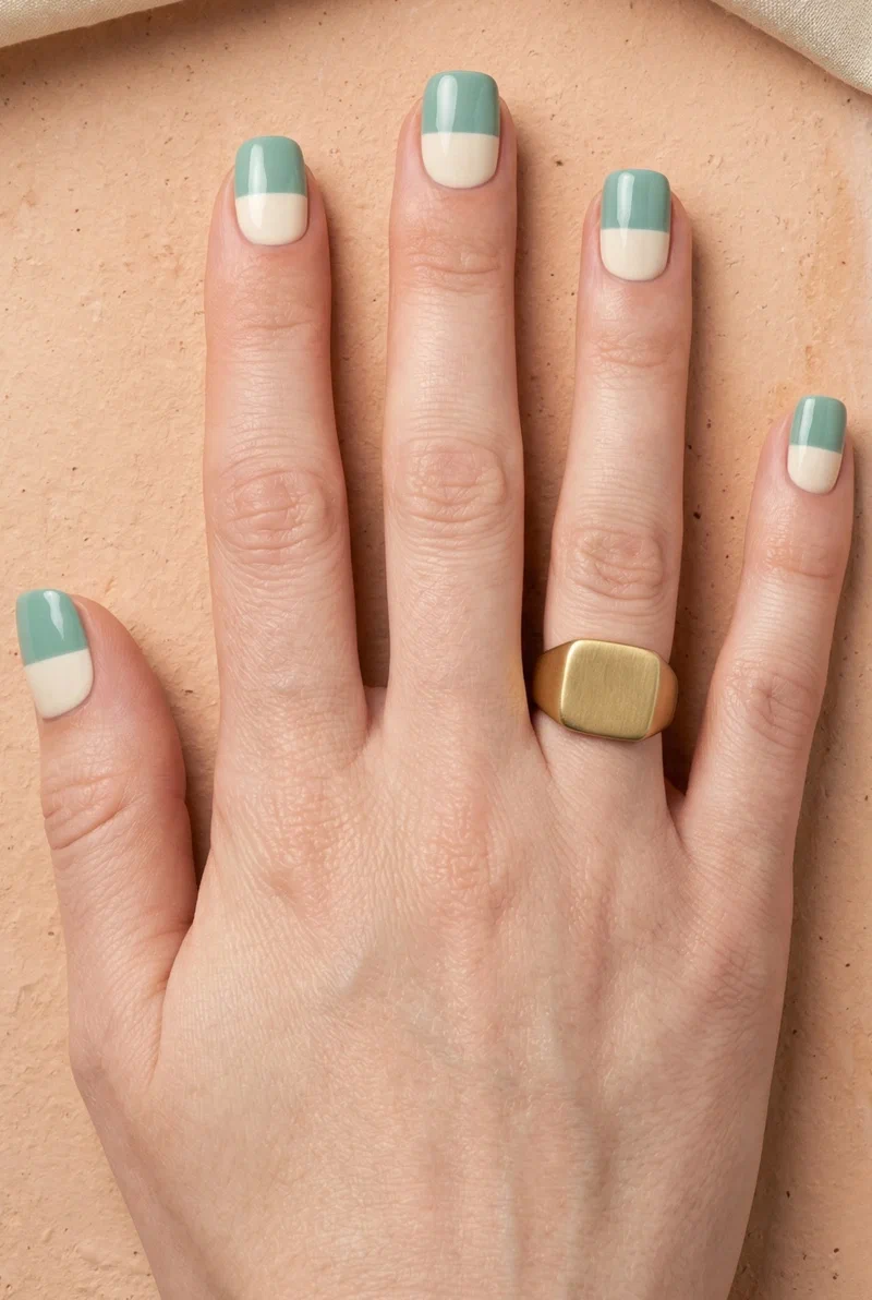Seafoam and cream color block nails on short squoval nails with horizontal split design