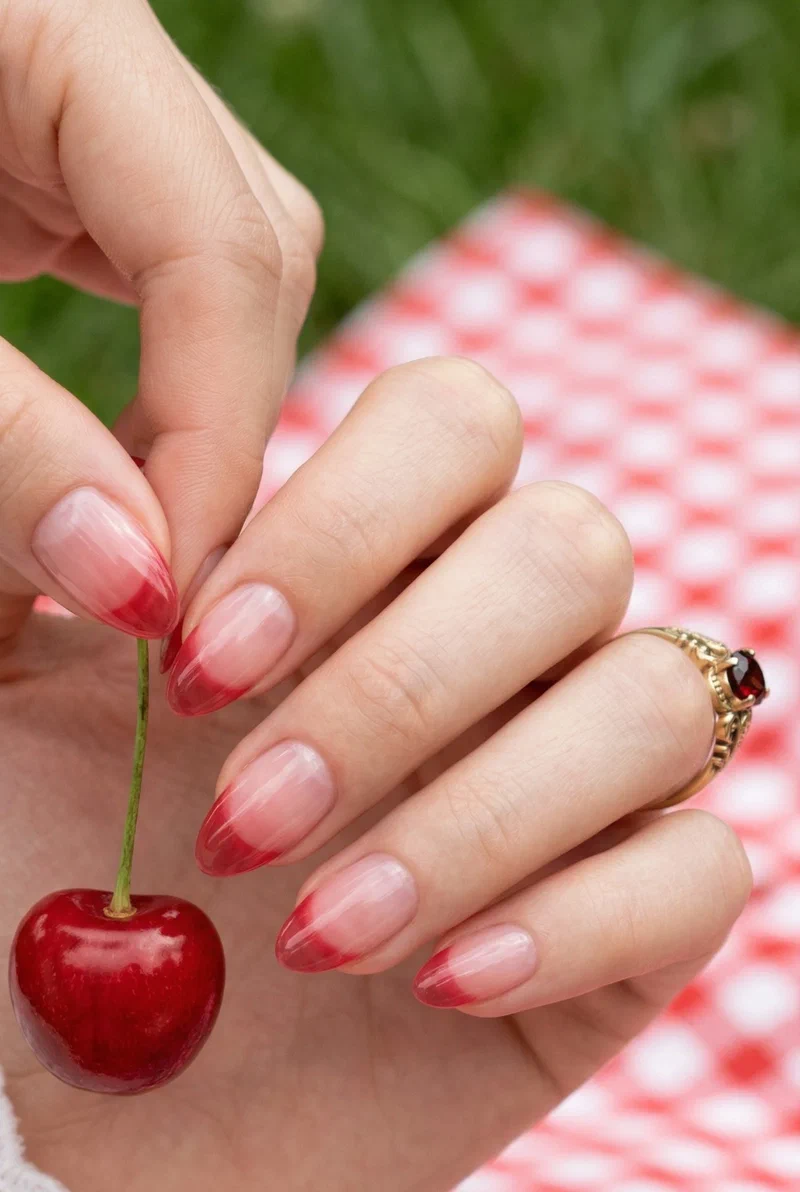 Sheer cherry red tips on short almond nails with jelly finish