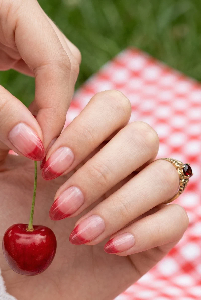 Sheer cherry red tips on short almond nails with jelly finish