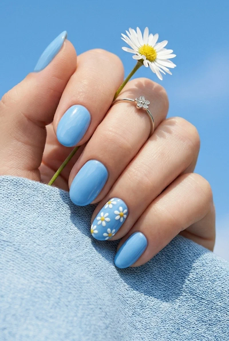 Sky blue nails with small white daisy accent on short almond nails