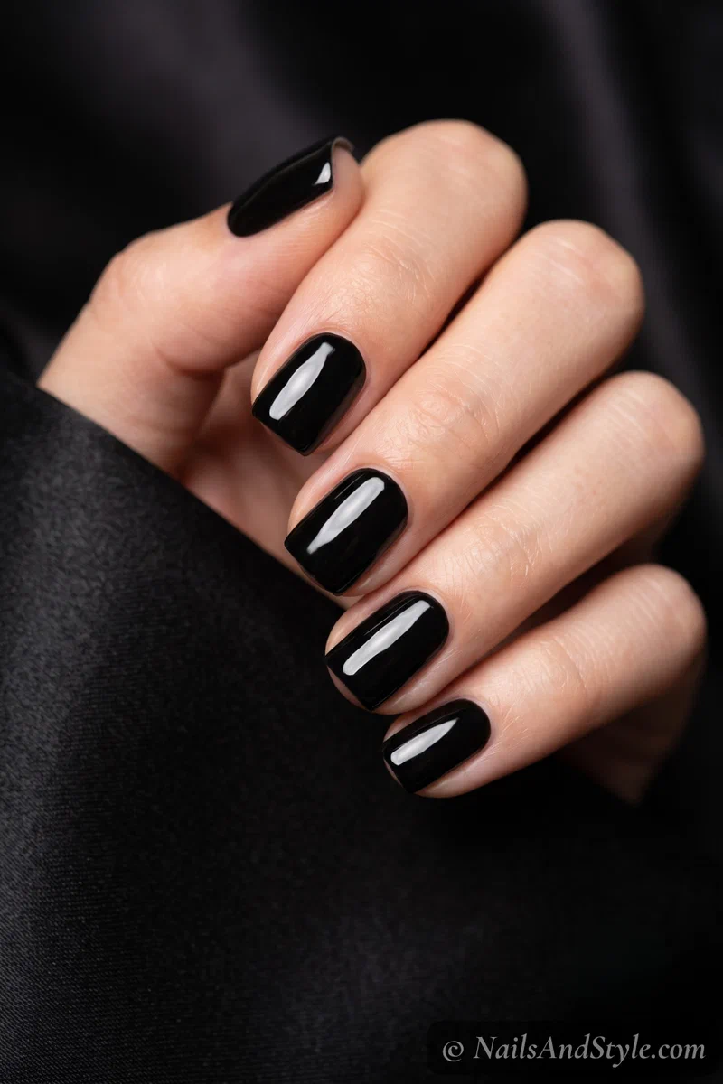 Glossy jet-black square short nails