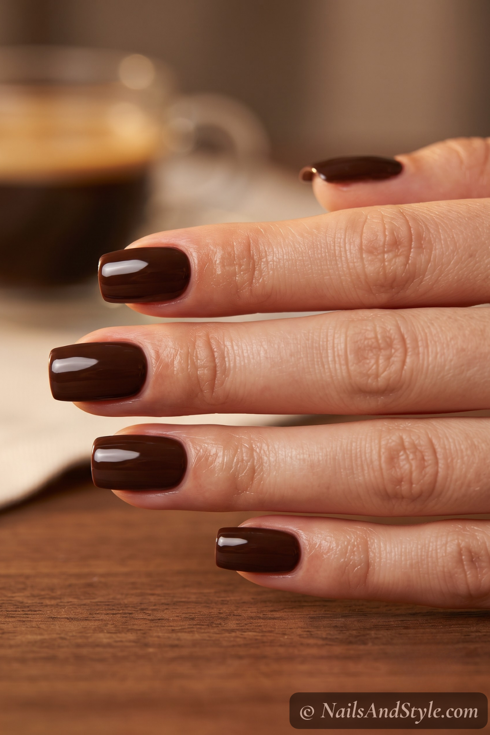 Rich espresso-brown glossy square nails