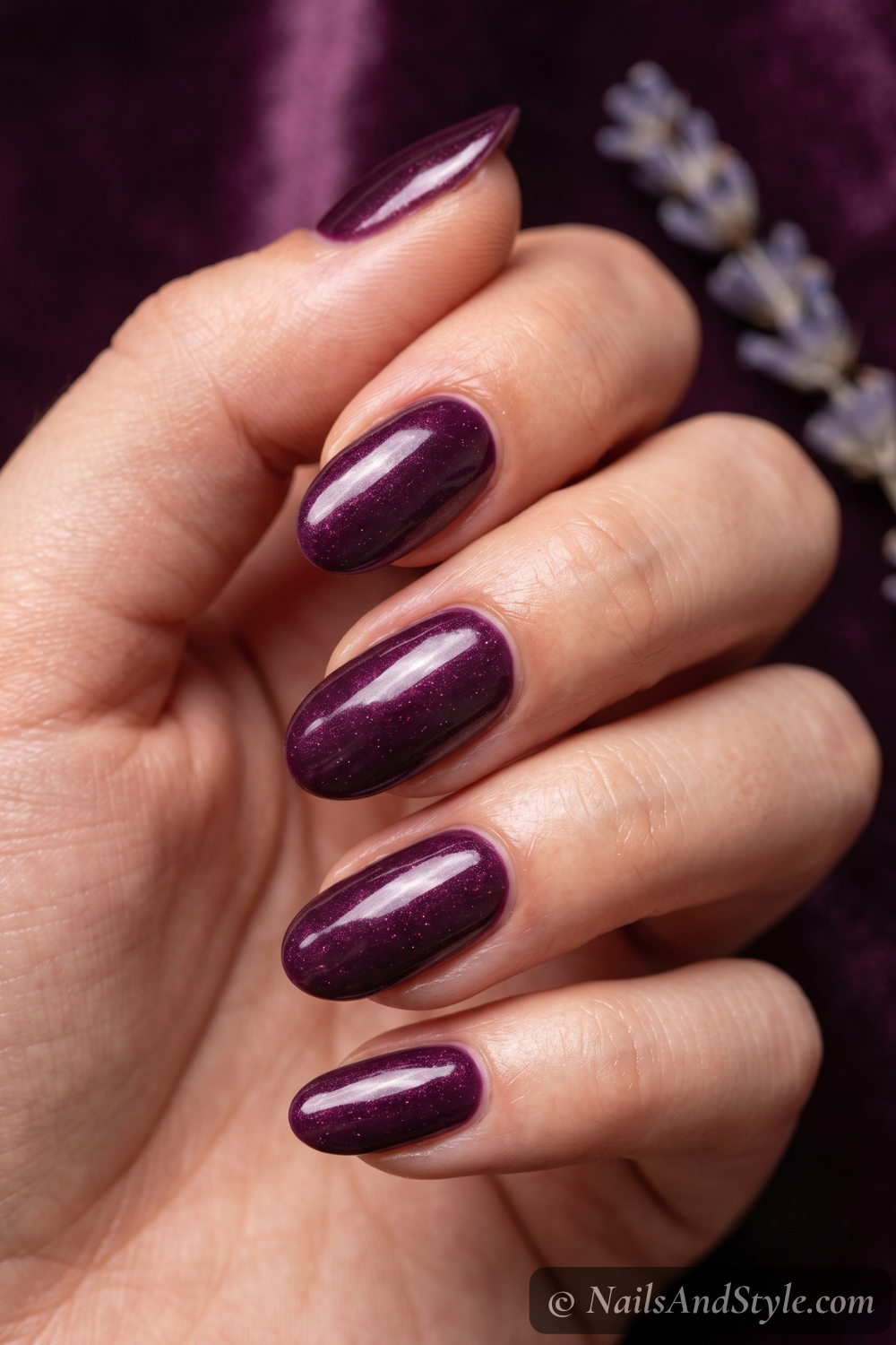 Deep gothic plum glossy oval nails