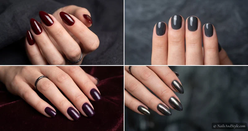 Four dark manicures — oxblood red, forest green, gothic plum and inky black — in a grid