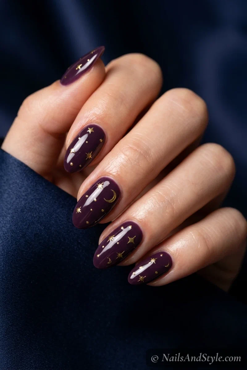 Deep plum nails with gold stars and moon
