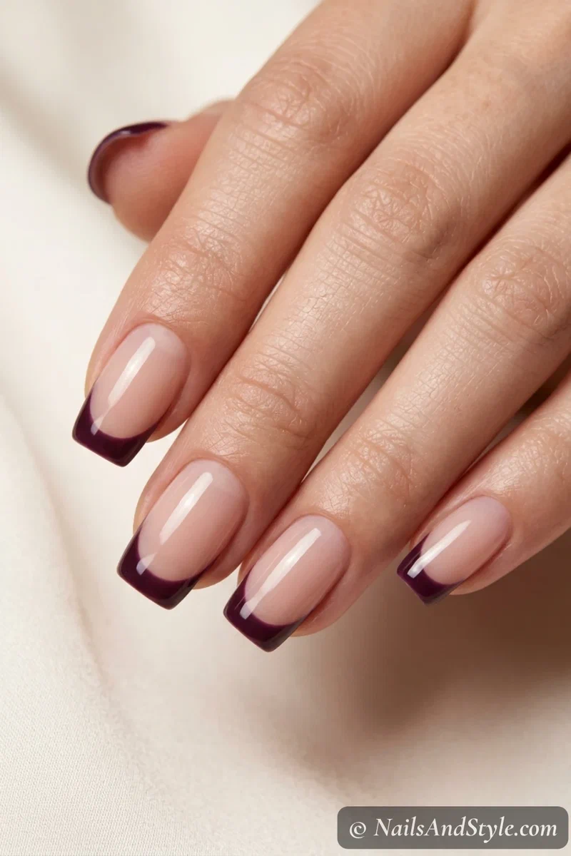 Nude nails with dark plum French tips