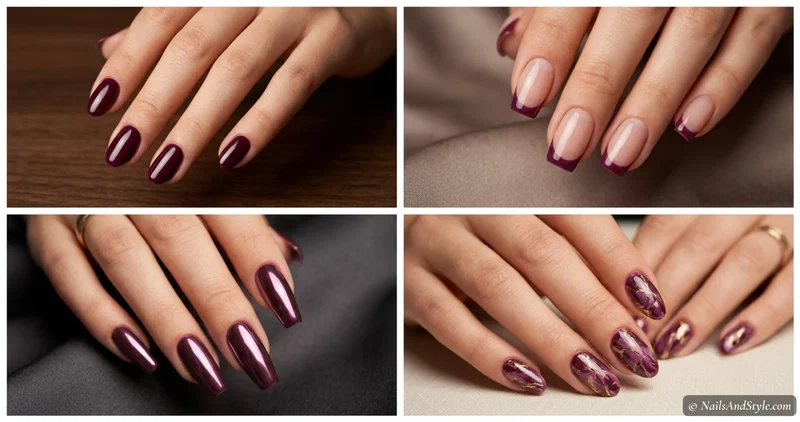 Collage of dark plum nail designs in glossy plum, plum chrome, plum French tips, and plum marble