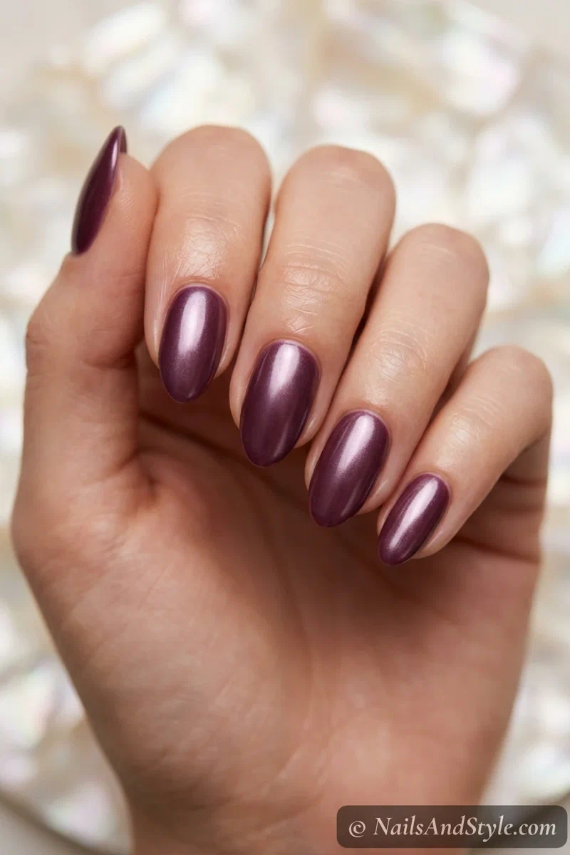 Plum nails with a pearly glazed finish