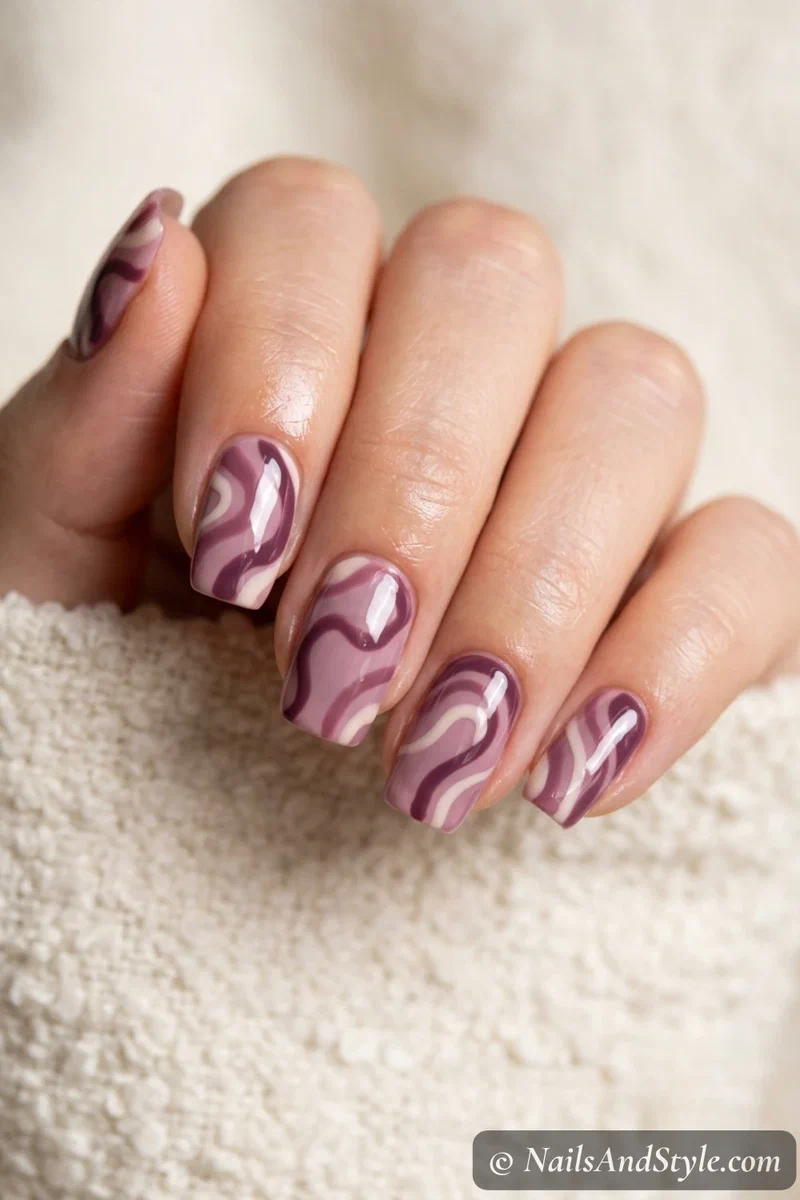 Plum and cream abstract swirl nails