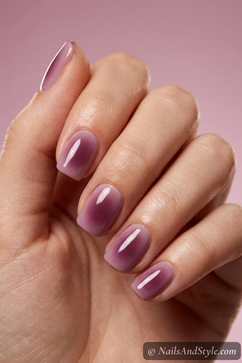 Mauve nails with a soft plum aura glow center