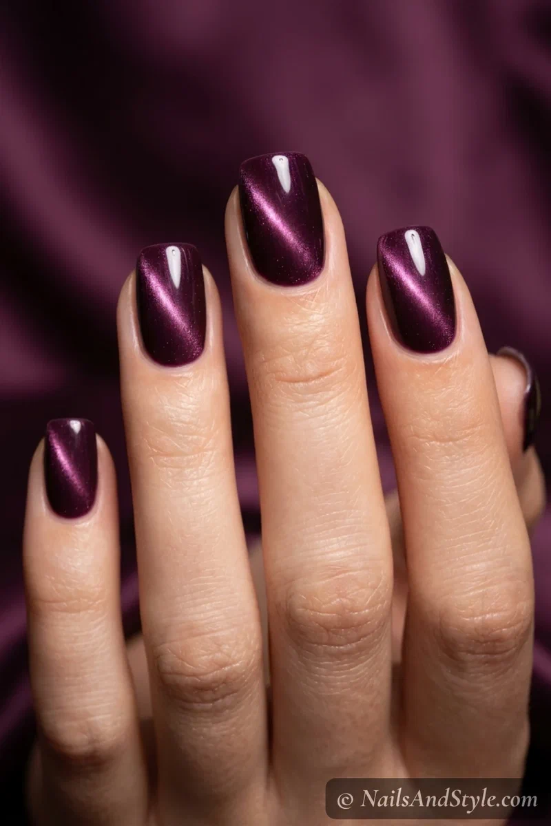 Plum cat eye magnetic nails with light stripe