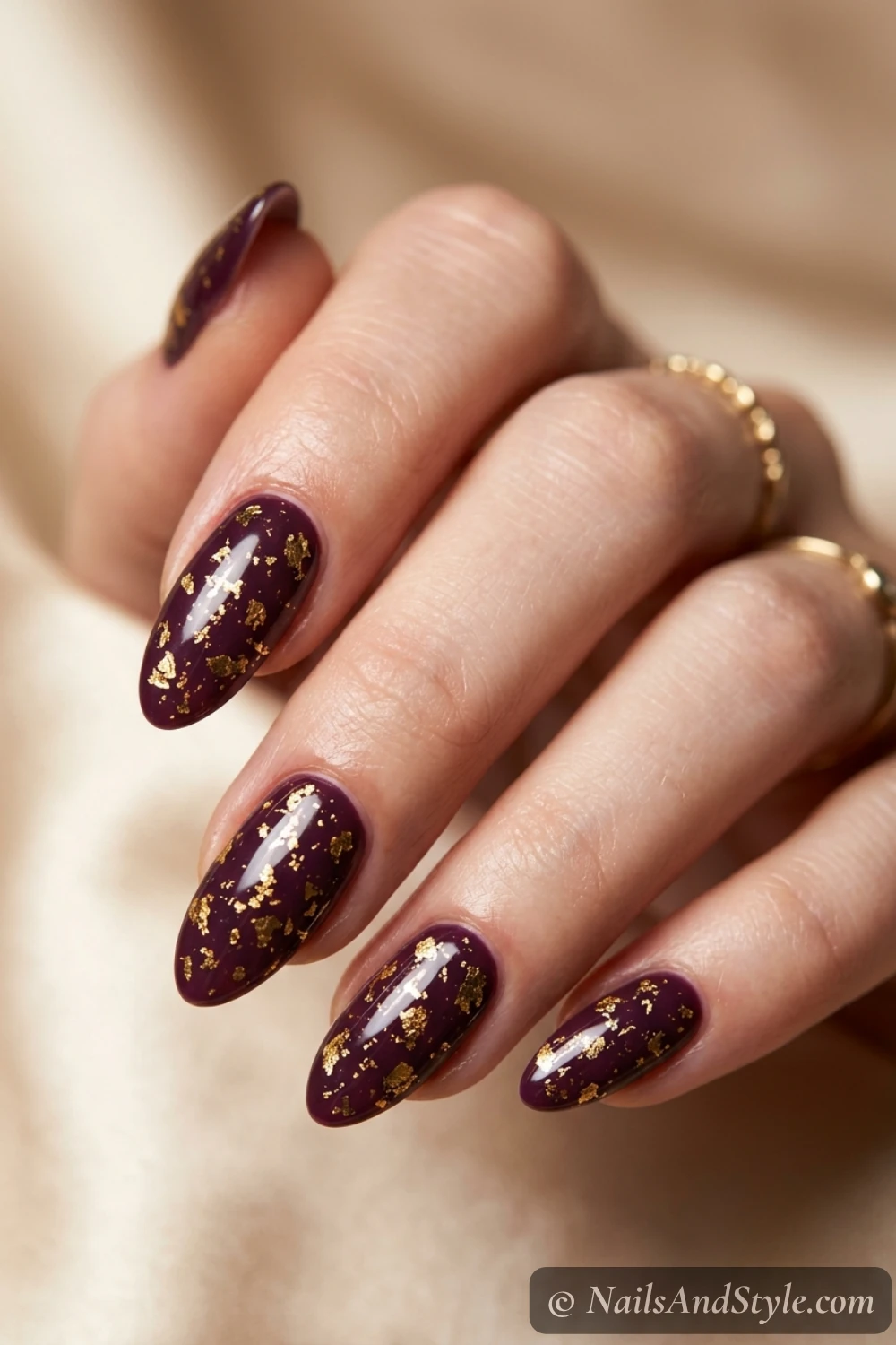 Plum gold foil nails