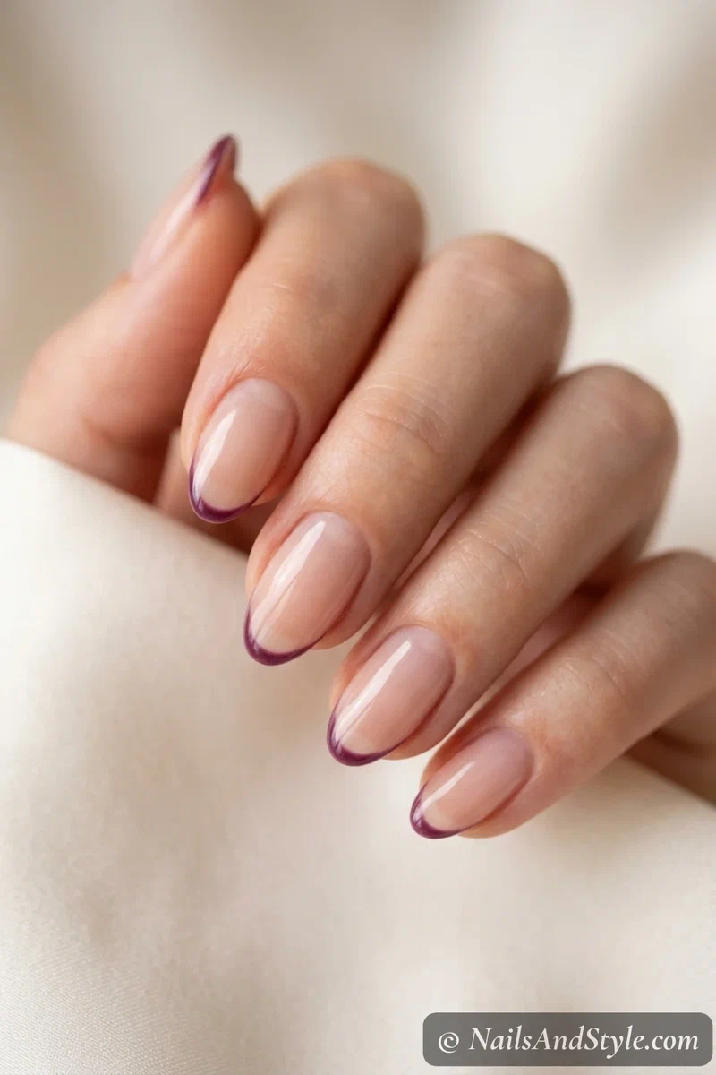 Sheer nails with ultra-thin plum micro French tips
