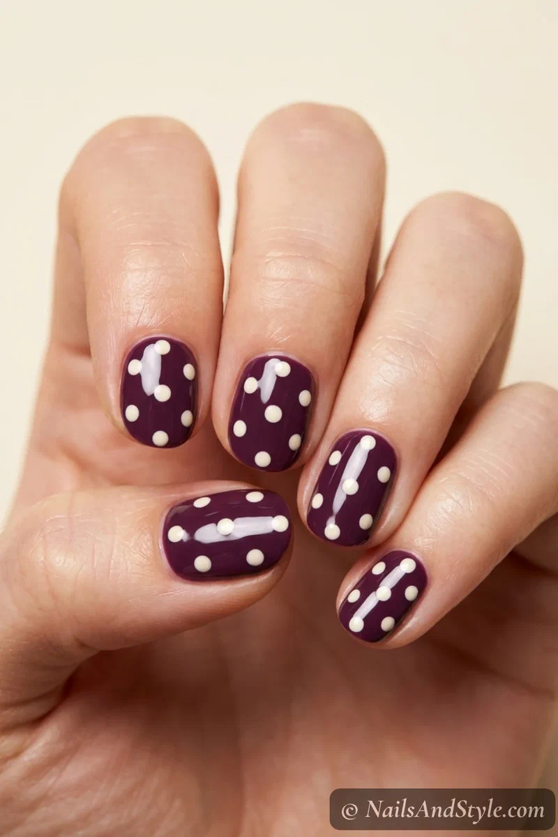 Plum nails with cream polka dots