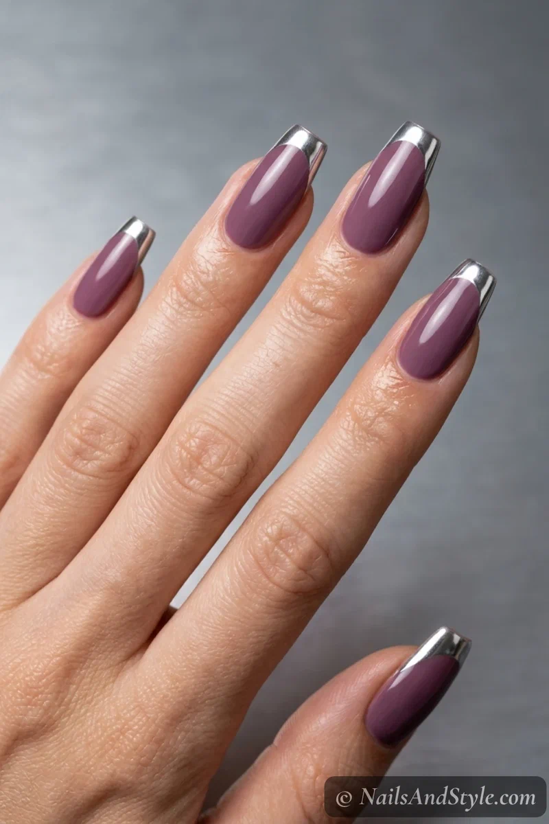 Plum nails with silver chrome French tips