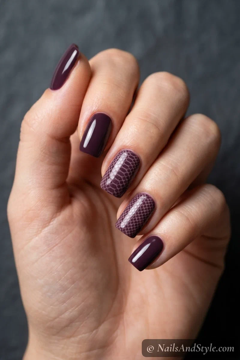 Plum snakeskin print nails