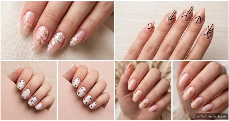 Collage of DIY nail sticker looks — hand-painted peel-off floral decals, geometric Cricut vinyl lines, dainty hand-drawn dots, and custom initials