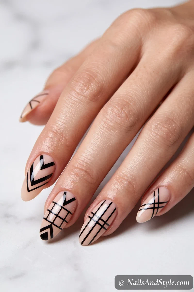 Crisp geometric black line decals cut from vinyl on a nude base with a glossy finish on almond nails