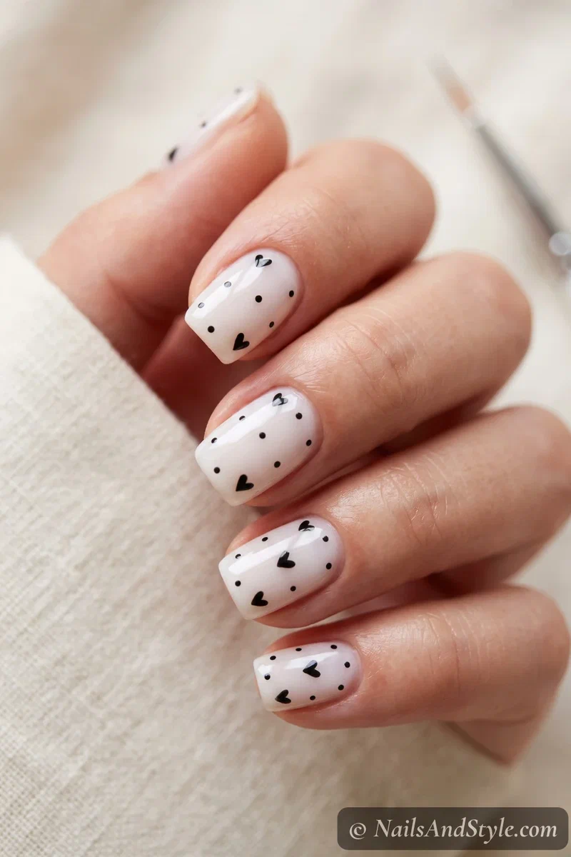 Dainty hand-drawn black dots and tiny hearts on a milky white base with a glossy finish on short nails