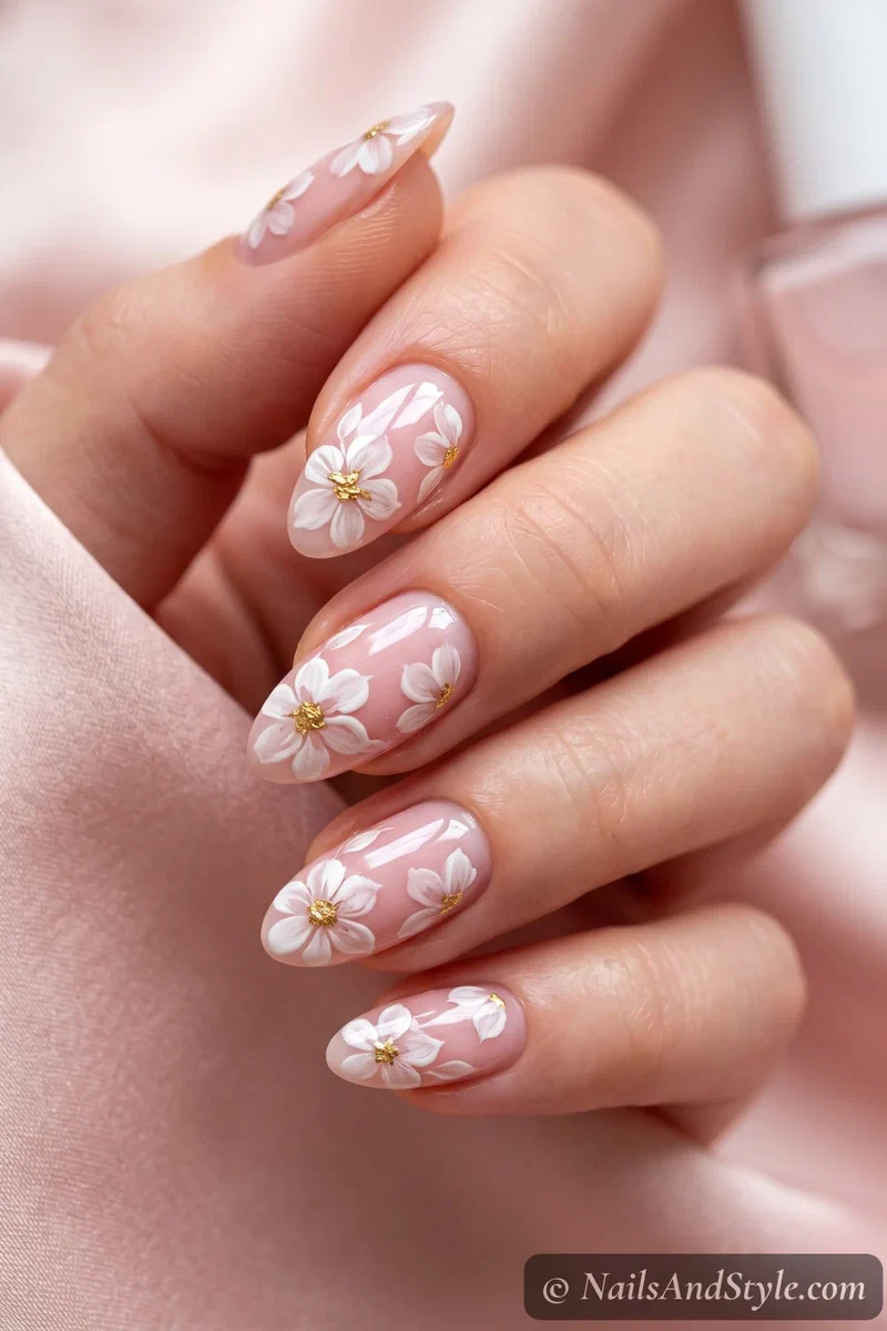 Hand-painted peel-off floral decals in white and gold on a sheer pink base with a glossy finish on almond nails
