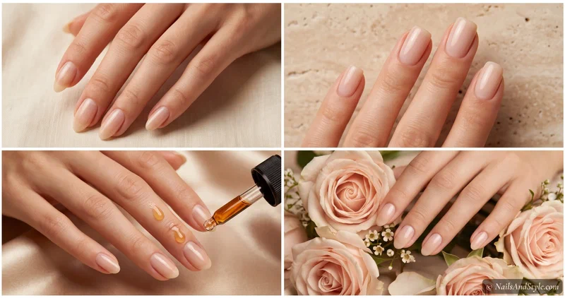 Collage of healthy, well-kept natural nails — bare buffed nails, a soft nude manicure, oiled hydrated nails, and natural nails resting among flowers