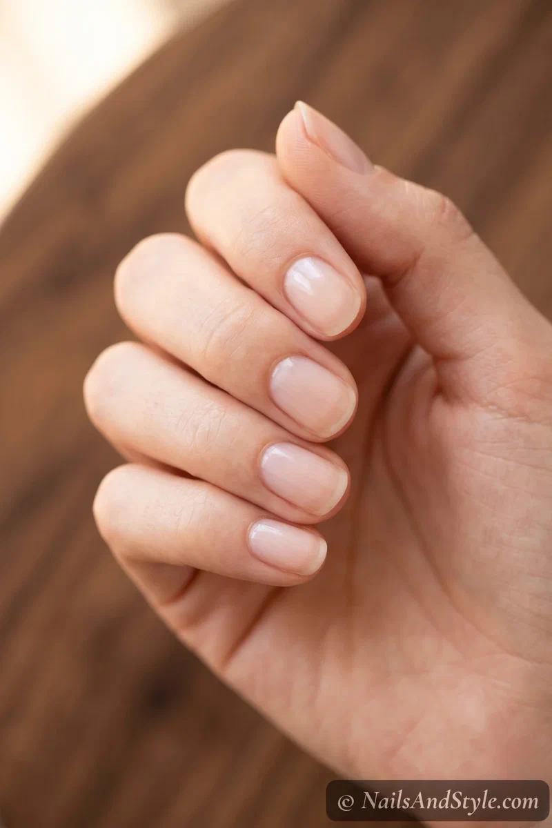 Strong, healthy bare natural nails with a smooth surface and soft natural sheen on a warm neutral surface