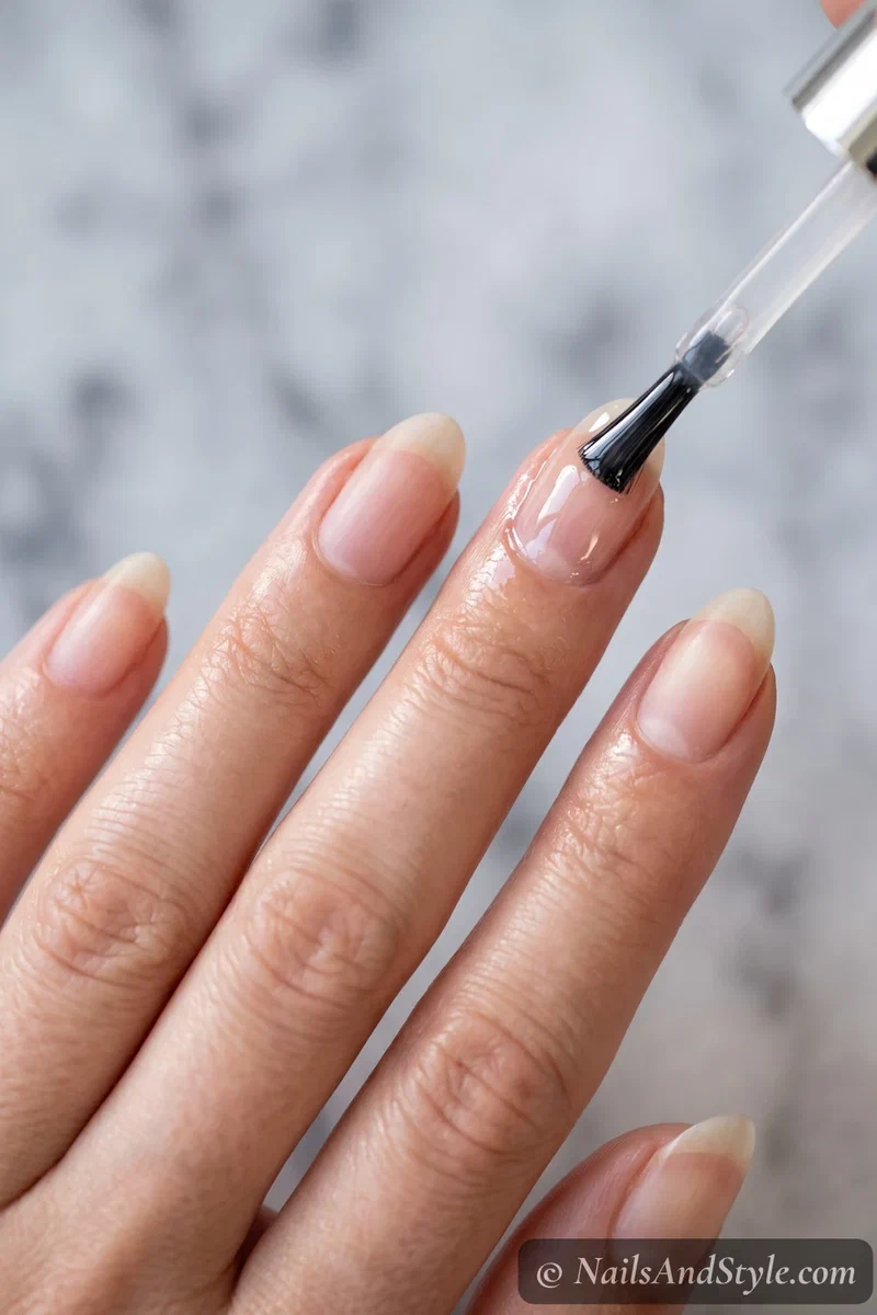 A clear strengthening base coat being brushed onto a healthy natural nail as part of a nail-care routine
